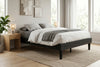 Queen platform bed frame in black wood-grain finish, low profile with round legs