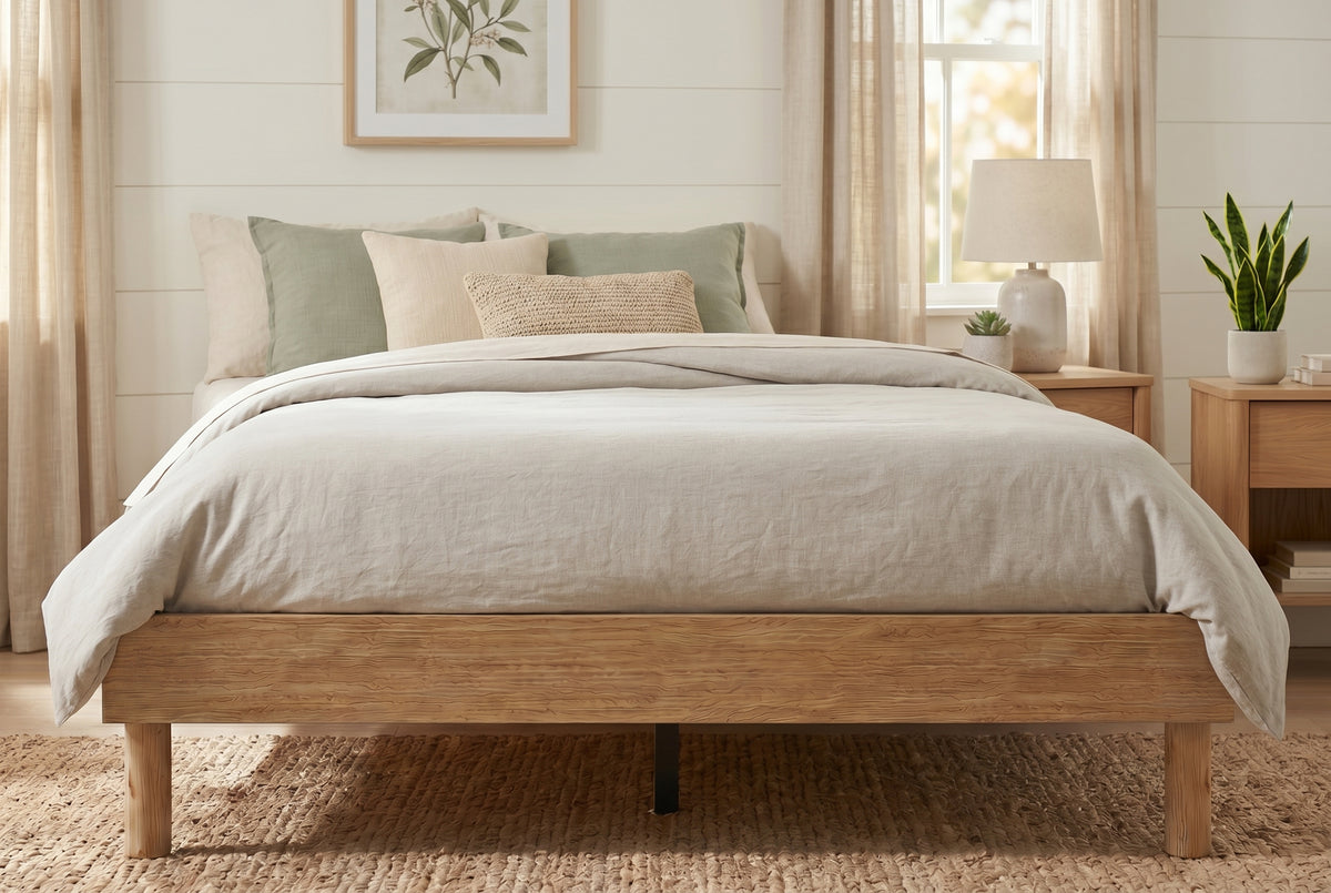 King platform bed frame in natural oak-look finish, bedroom styling view 2
