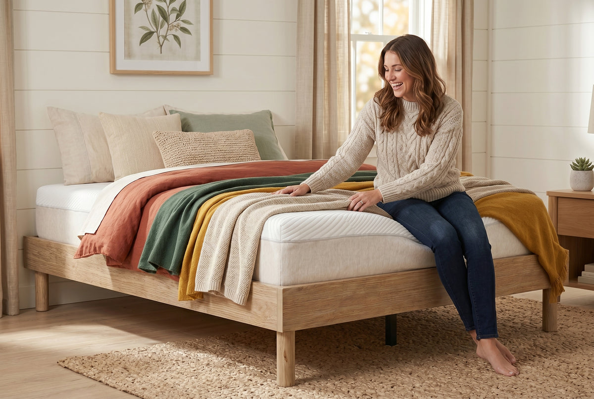 King platform bed frame in natural oak-look finish, bedroom styling view 3