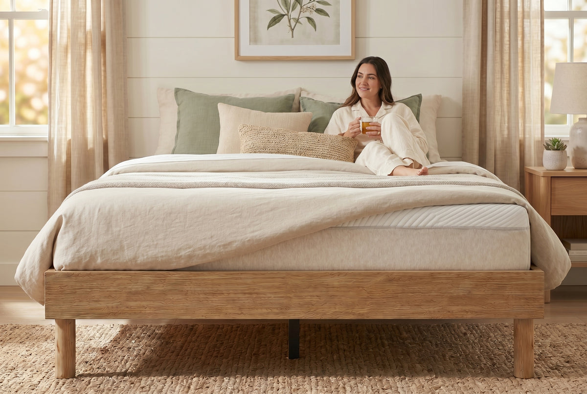 King platform bed frame in natural oak-look finish, bedroom styling view 4