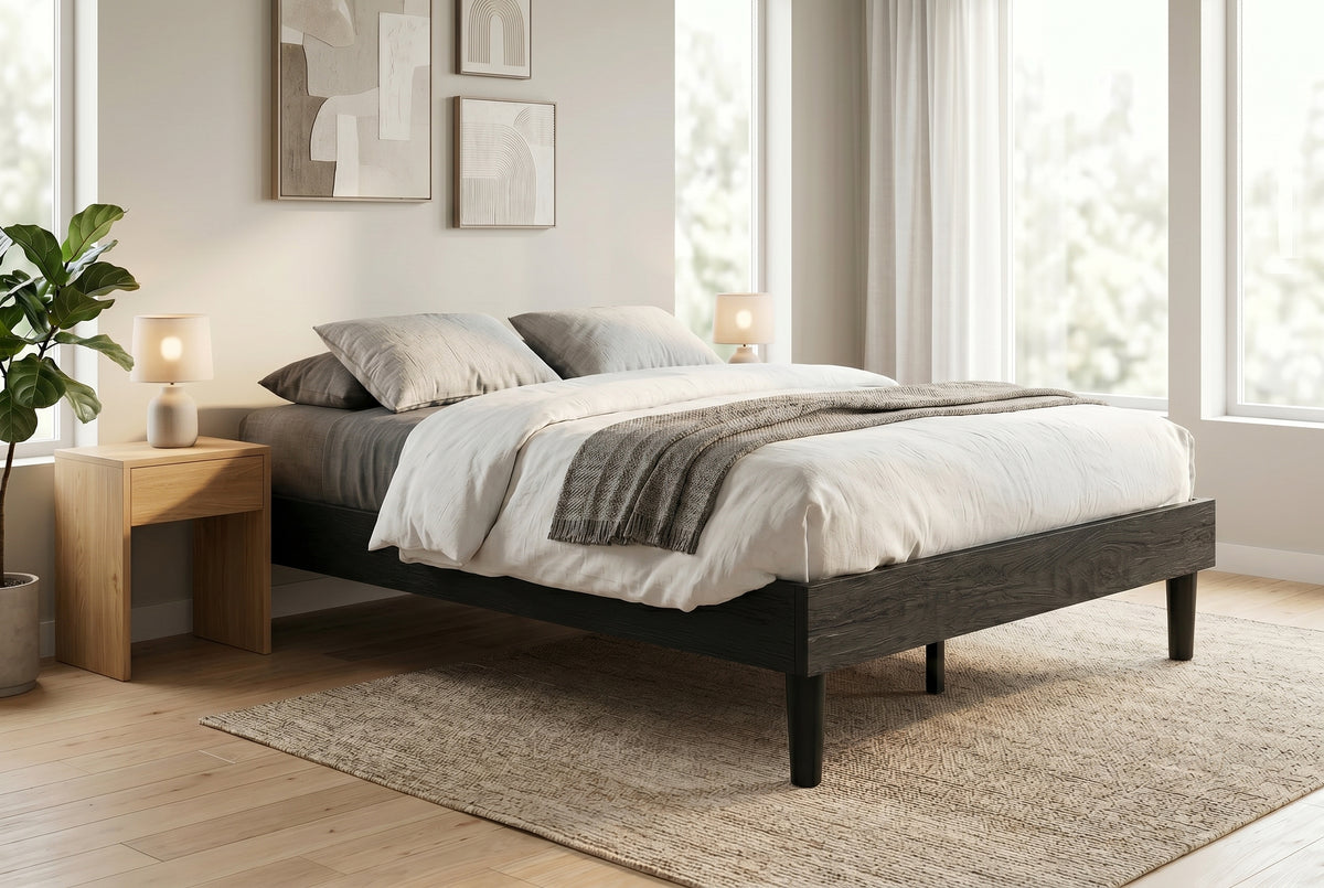 King platform bed frame in black wood-grain finish, low profile with round legs