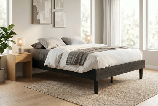 King platform bed frame in black wood-grain finish, low profile with round legs