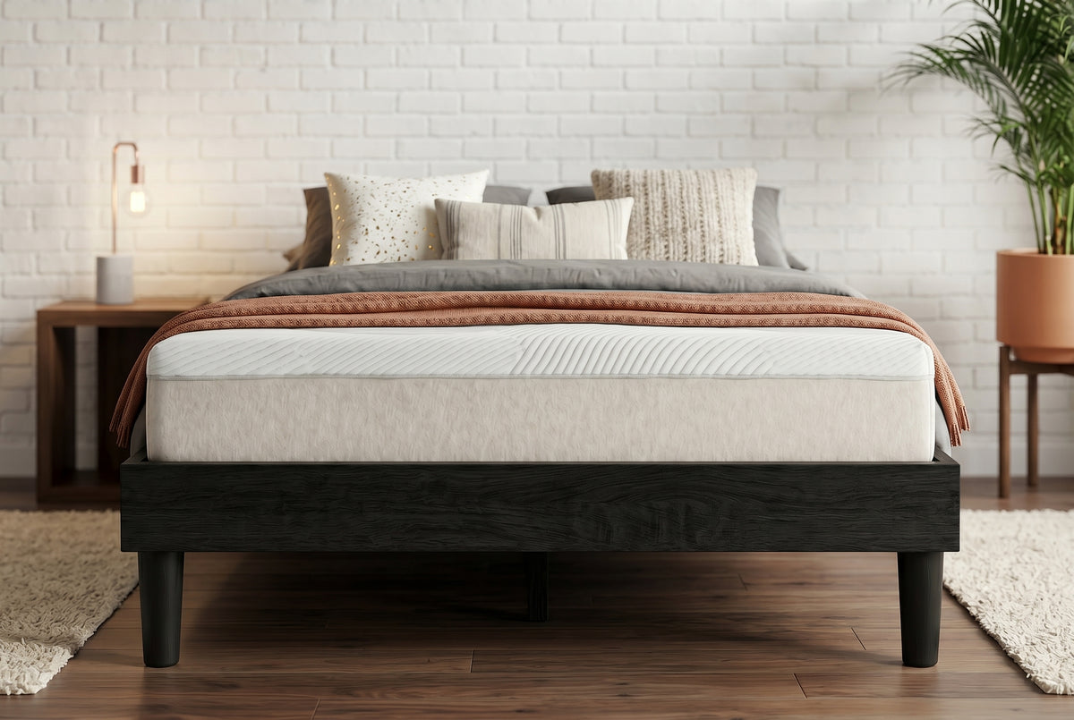 King platform bed frame in black wood-grain finish, bedroom styling view 2