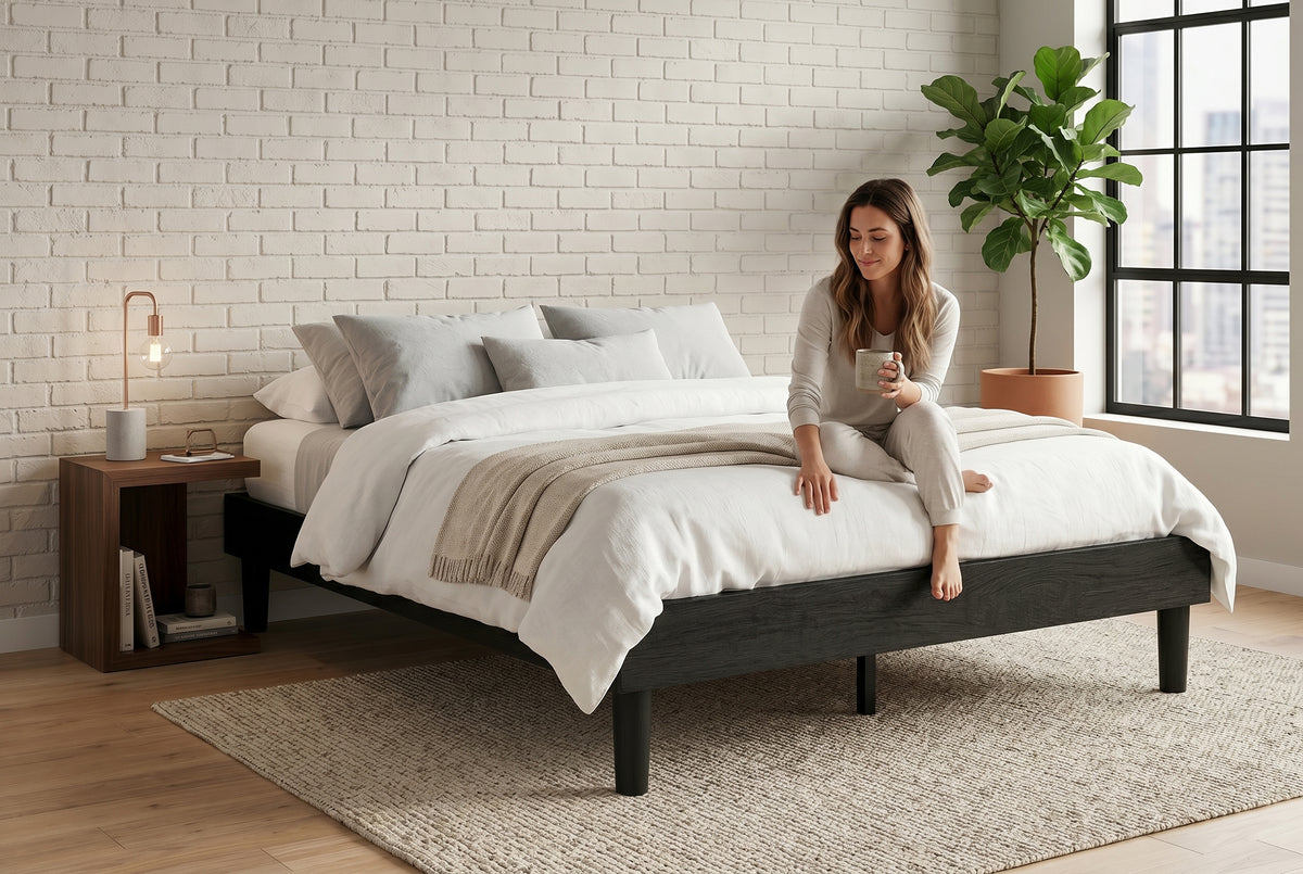 King platform bed frame in black wood-grain finish, bedroom styling view 3