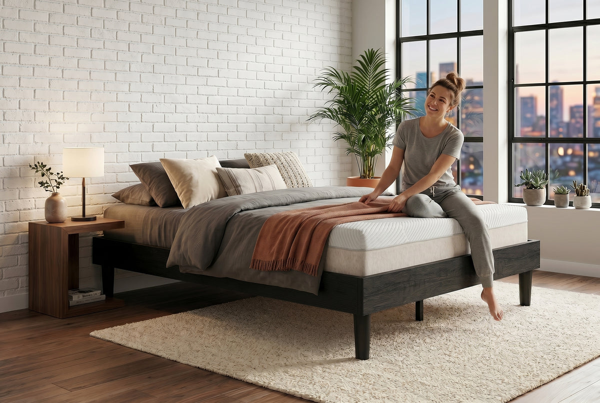 King platform bed frame in black wood-grain finish, bedroom styling view 4