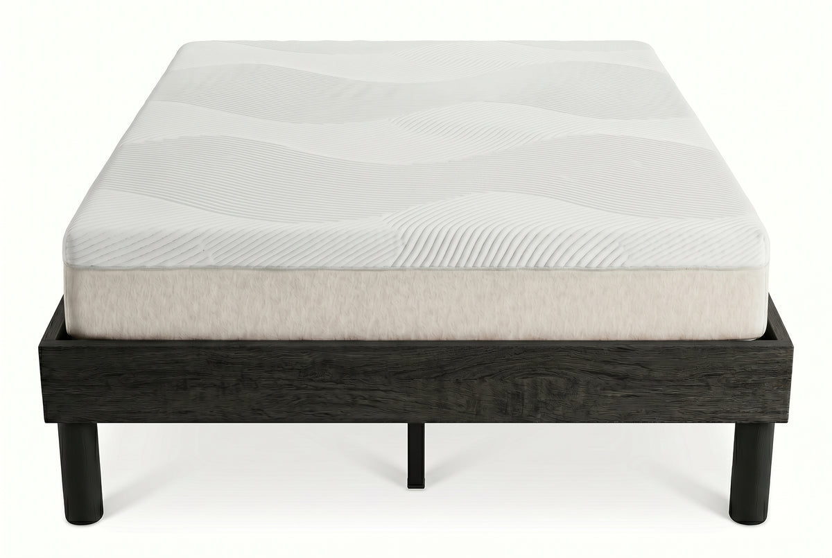 King platform bed frame in black wood-grain finish, bedroom styling view 5