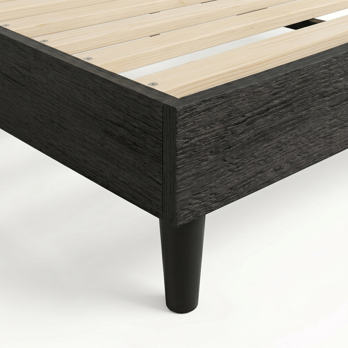 King platform bed frame in black wood-grain finish, bedroom styling view 6