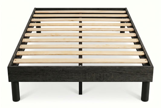King platform bed frame in black wood-grain finish on a white background
