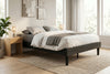 King platform bed frame in black wood-grain finish, low profile with round legs