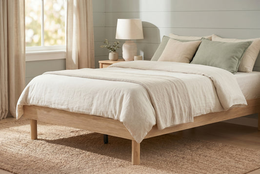 Double platform bed frame in natural oak-look finish, low profile with round legs