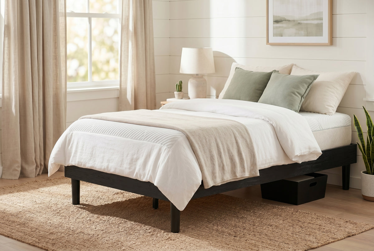 Double platform bed frame in black wood-grain finish, low profile with round legs