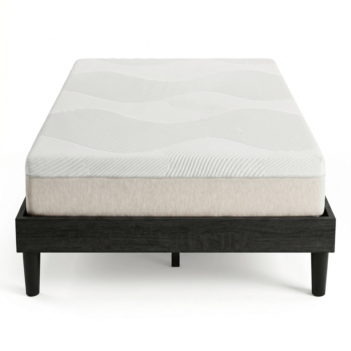 Double platform bed frame in black wood-grain finish, bedroom styling view 3