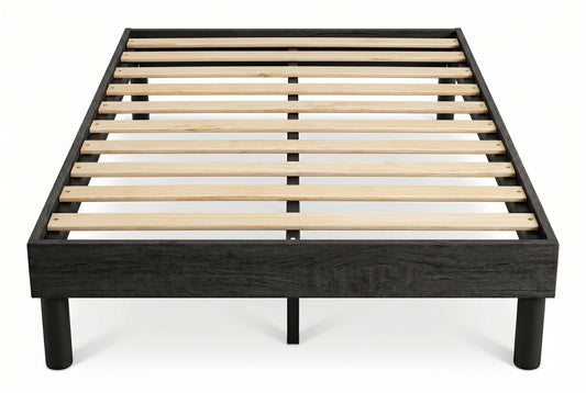 Double platform bed frame in black wood-grain finish on a white background
