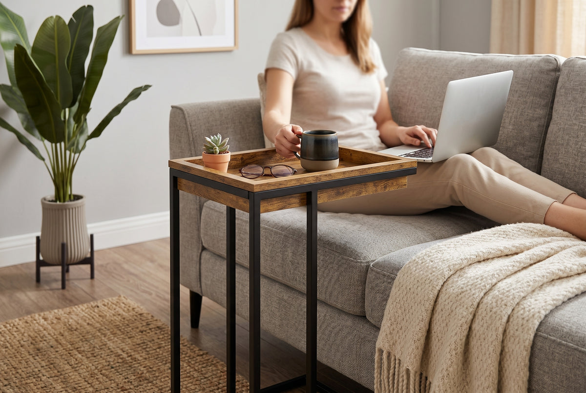 Table d'appoint en C avec plateau creux, fini aspect bois récupéré dans un décor