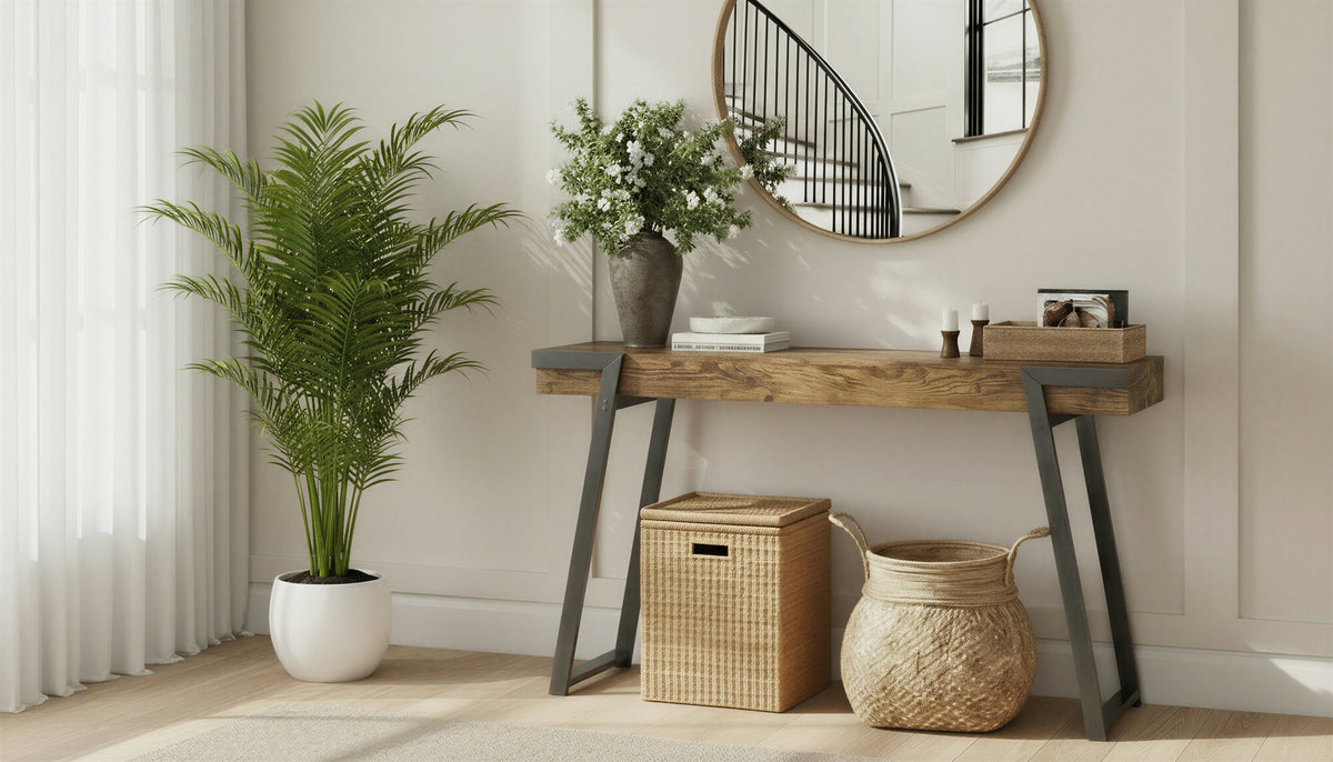 Table console à pattes inclinées en métal noir dans un décor