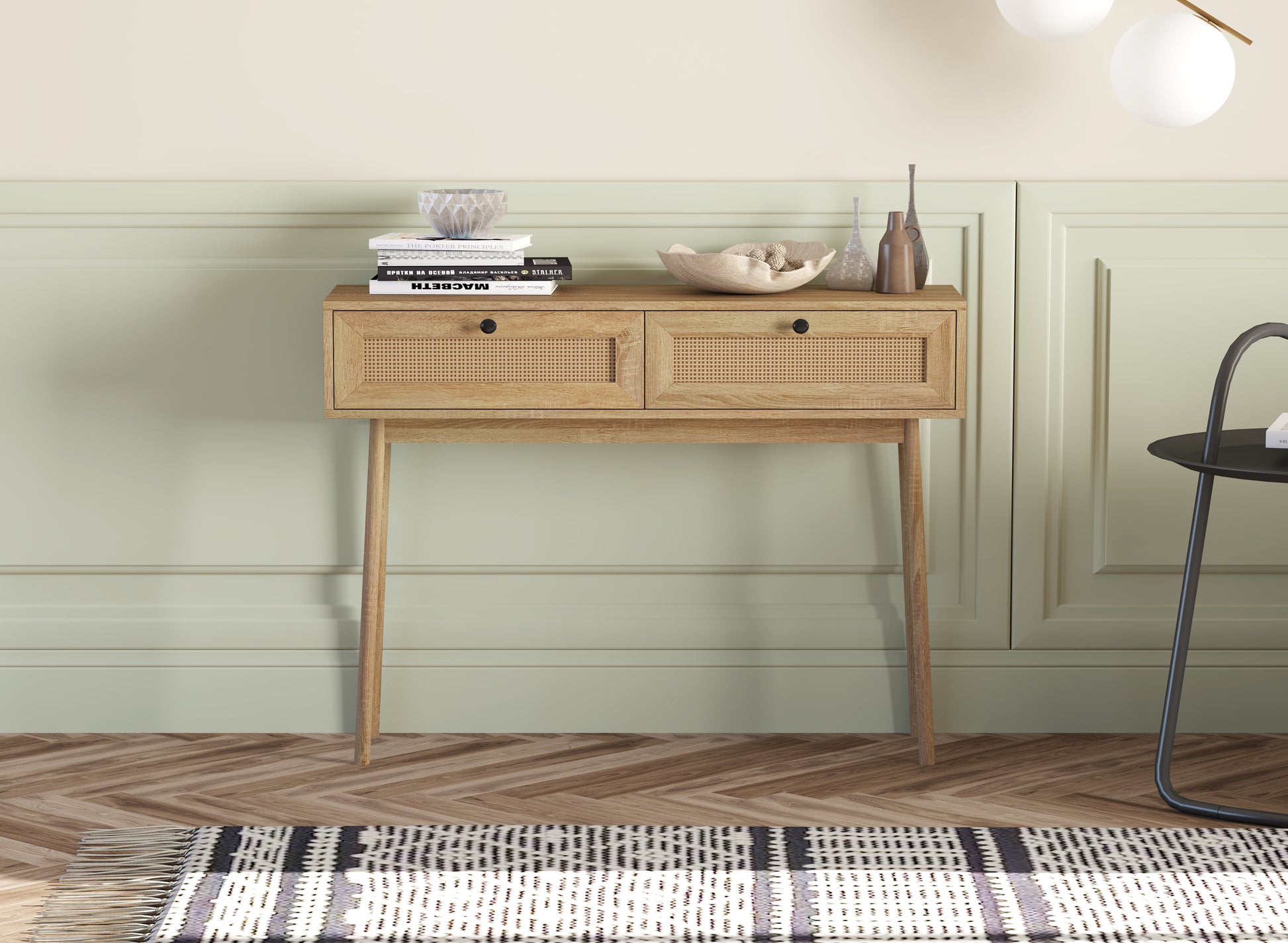 Mid-Century Modern Console Table with 2 Rattan Drawers, Natural Wood Look Sofa Table for Entryway, Hallway, or Living Room