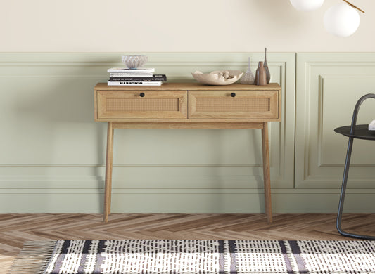 Mid-Century Modern Console Table with 2 Rattan Drawers, Natural Wood Look Sofa Table for Entryway, Hallway, or Living Room