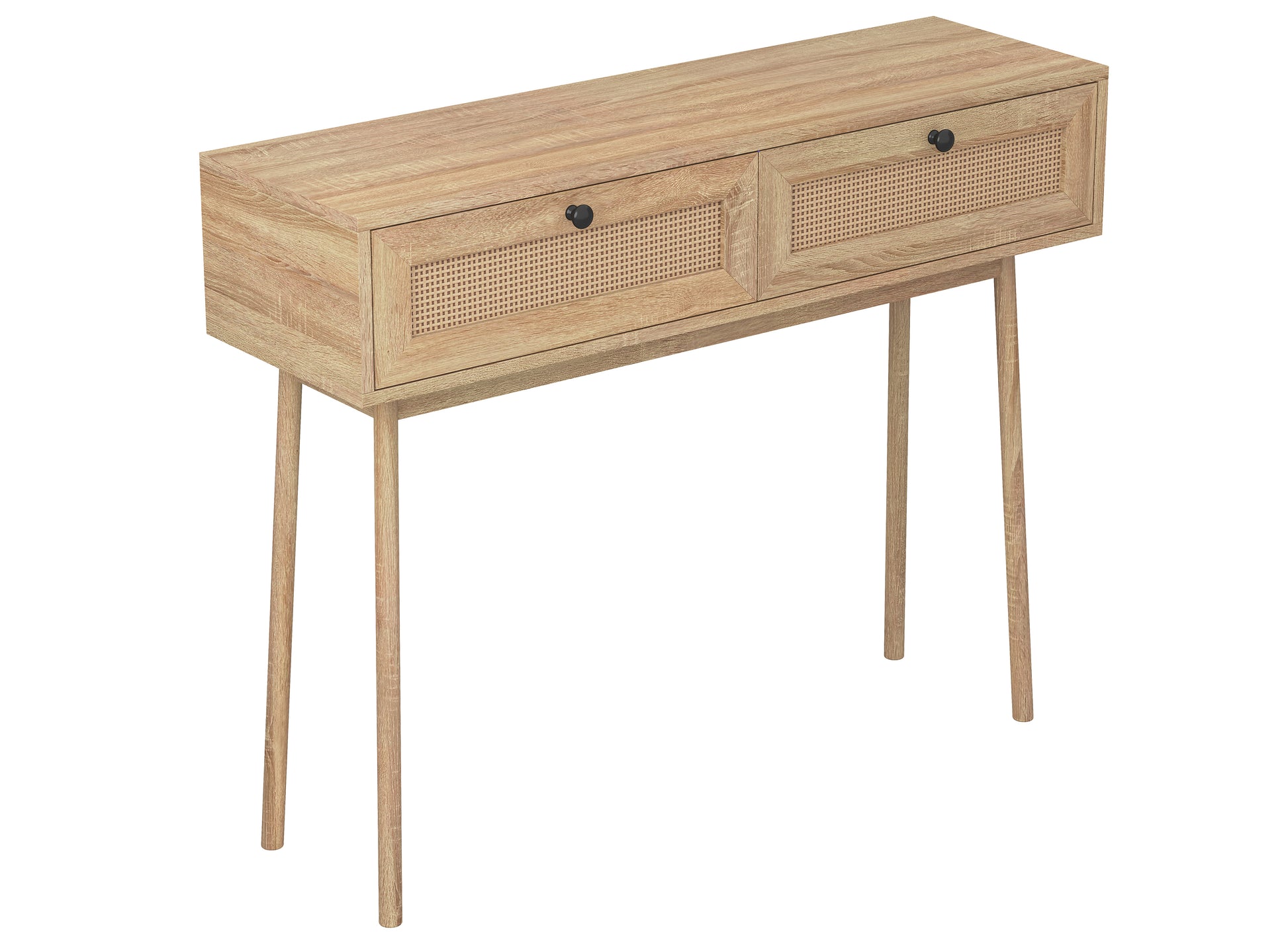 Mid-Century Modern Console Table with 2 Rattan Drawers, Natural Wood Look Sofa Table for Entryway, Hallway, or Living Room