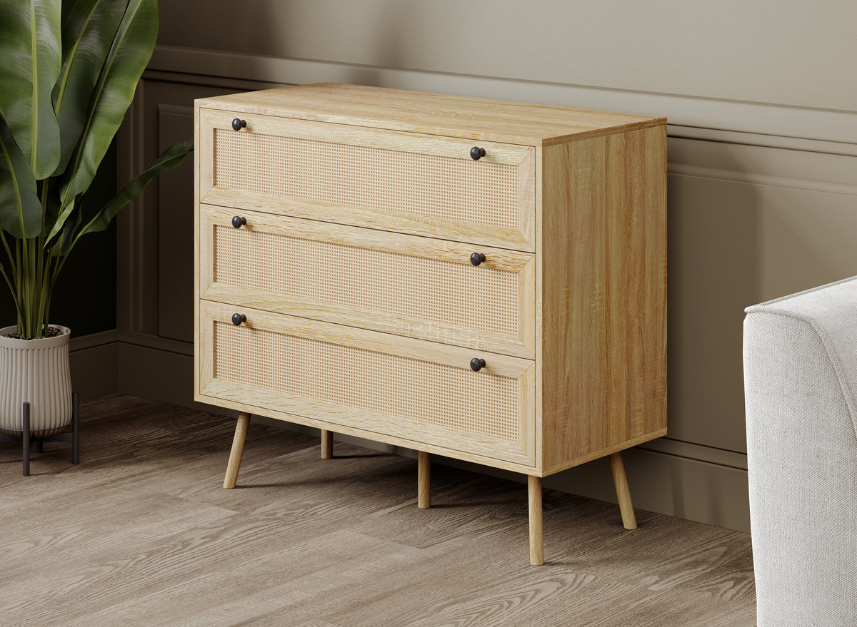 3-drawer dresser with cane-look fronts in a room setting