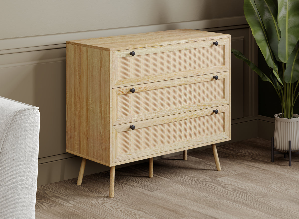 3-drawer dresser with cane-look fronts in a room setting