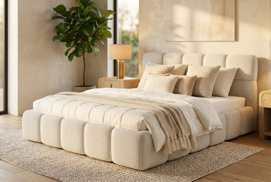 King bouclé upholstered bed frame in off-white, bedroom styling view 1