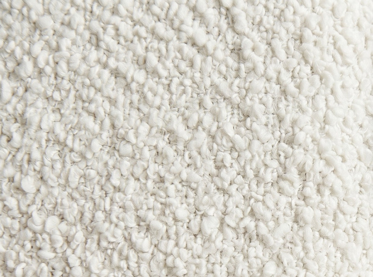King bouclé upholstered bed frame in off-white, bedroom styling view 7