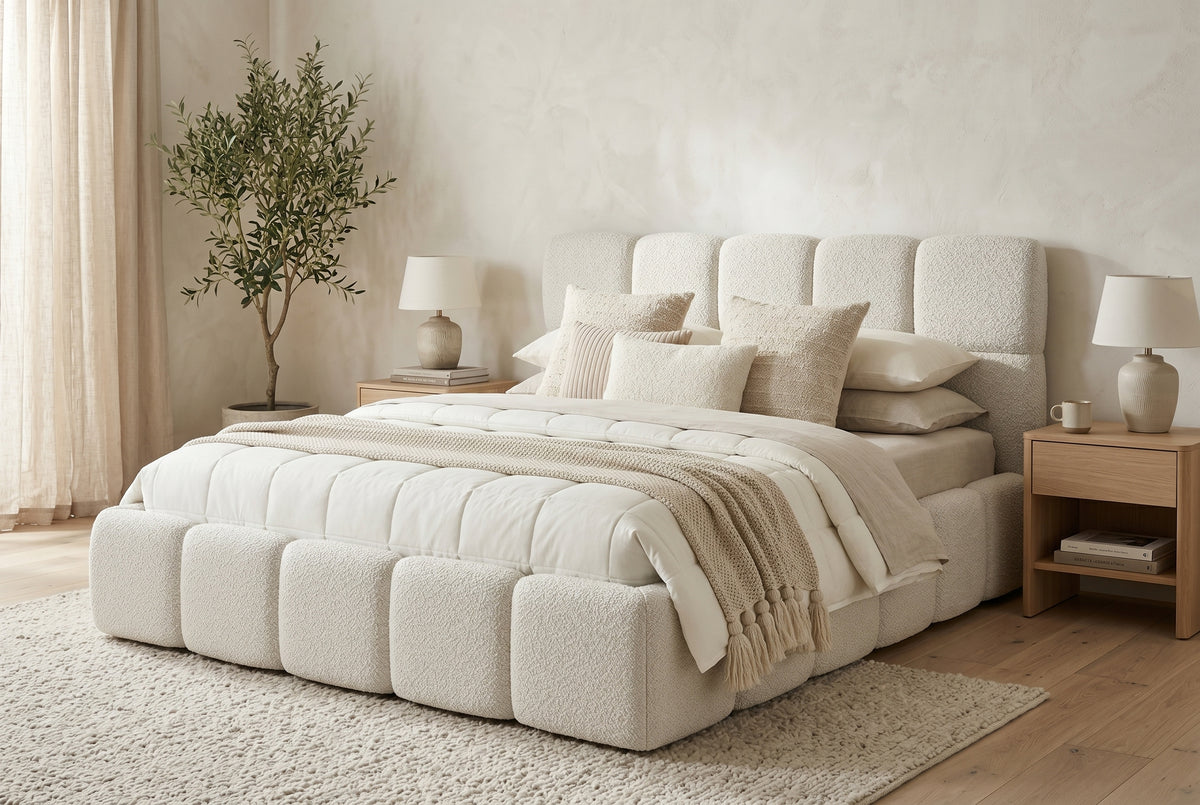 Queen bouclé upholstered bed frame in off-white, bedroom styling view 2