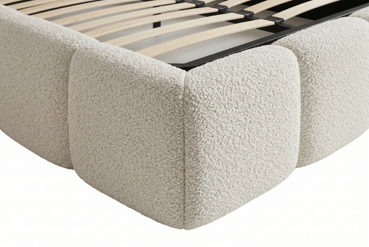 Queen bouclé upholstered bed frame in off-white, bedroom styling view 4