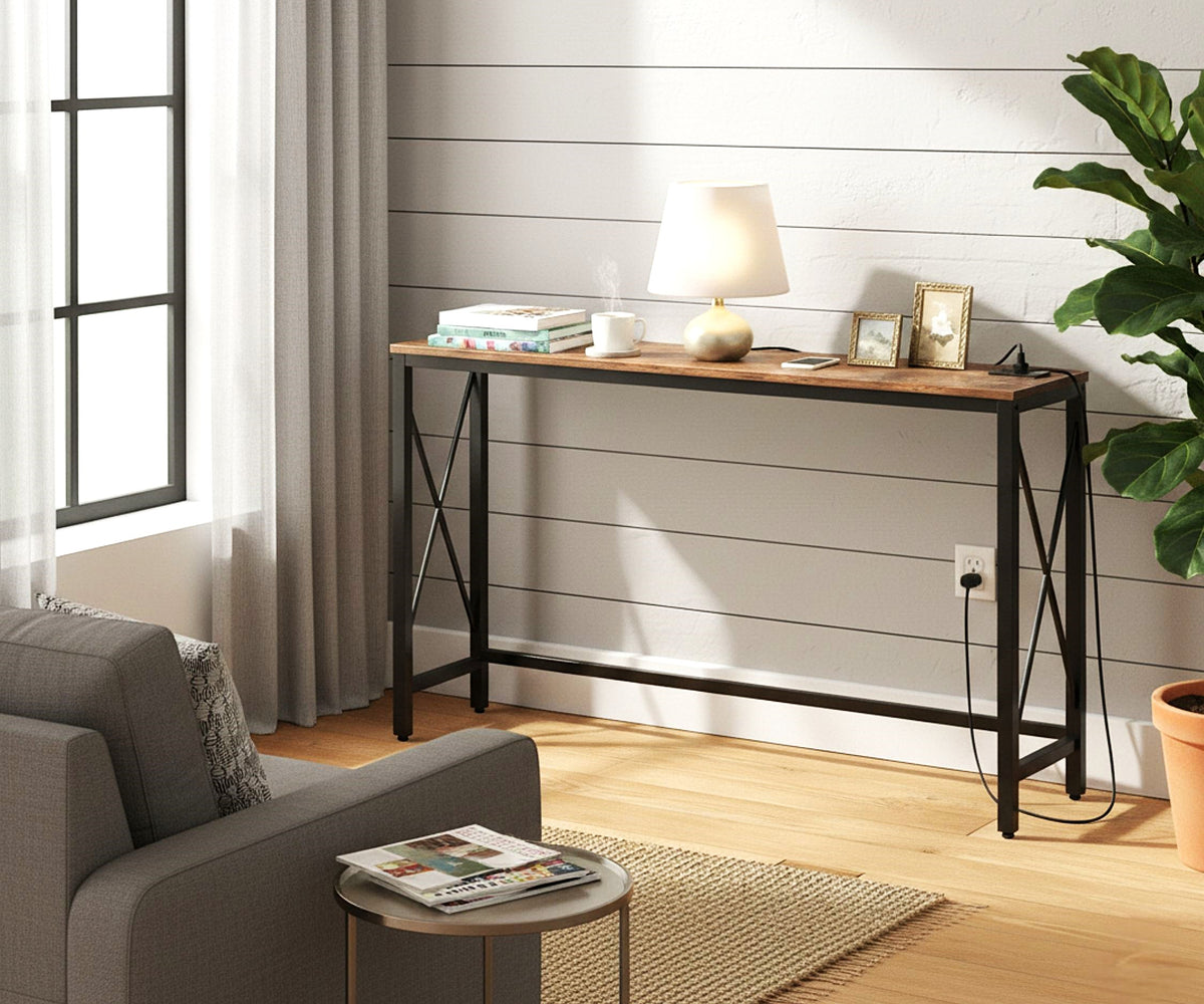 Table console avec prises et ports USB intégrés dans un décor