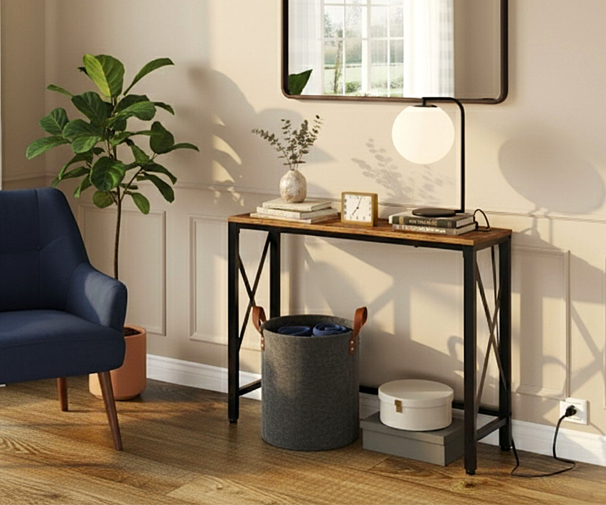 Table console avec prises et ports USB intégrés dans un décor