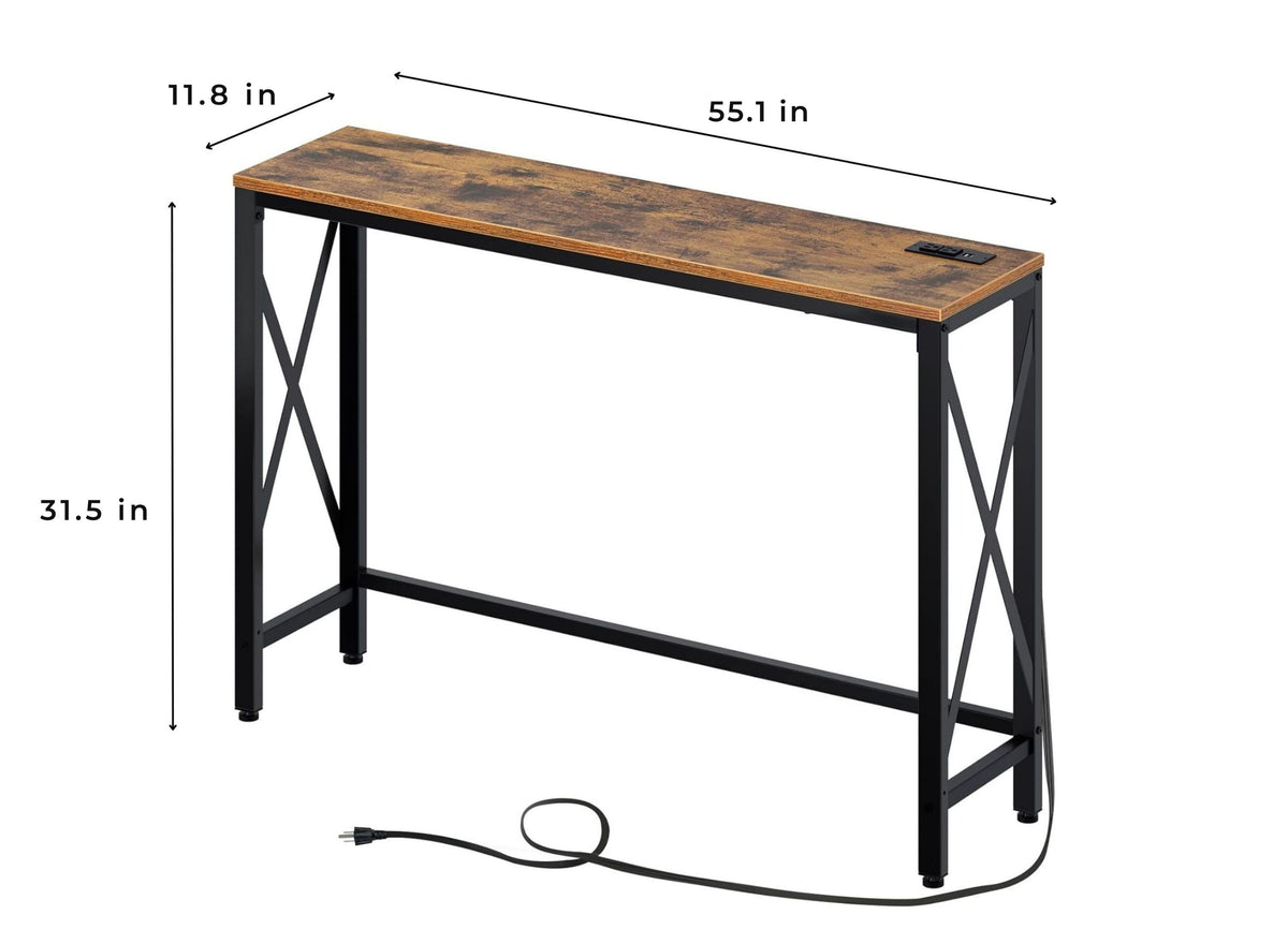 Table console avec prises et ports USB intégrés, dimensions