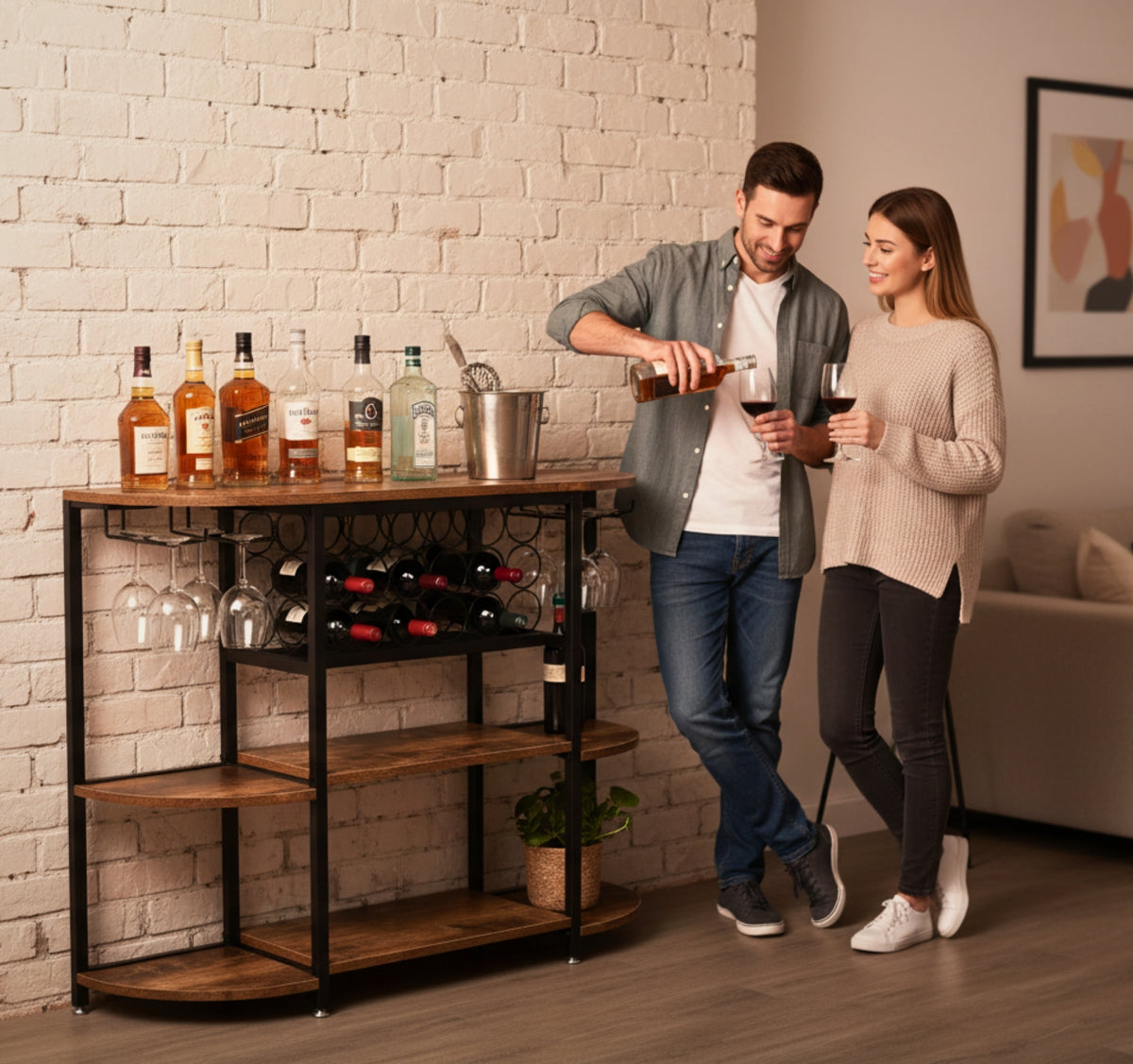 Home bar cabinet with wine rack and stemware rails in a room setting