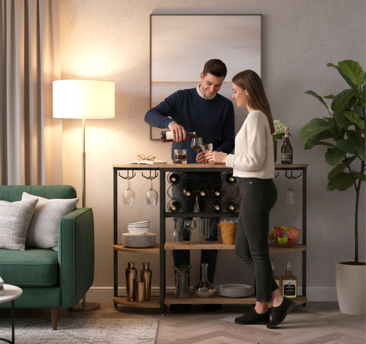 Home bar cabinet with wine rack and stemware rails in a room setting