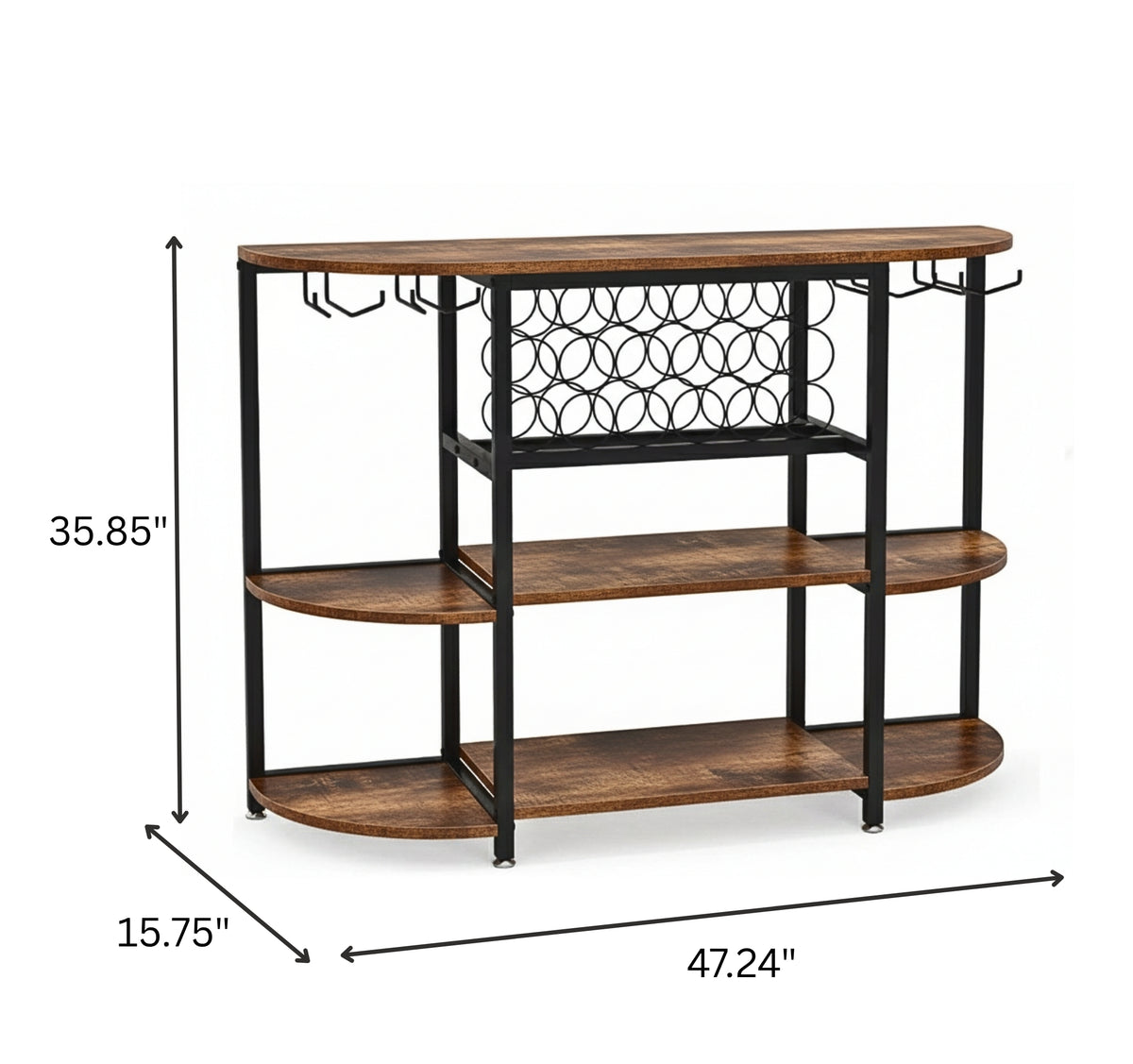 Home bar cabinet with wine rack and stemware rails, dimensions