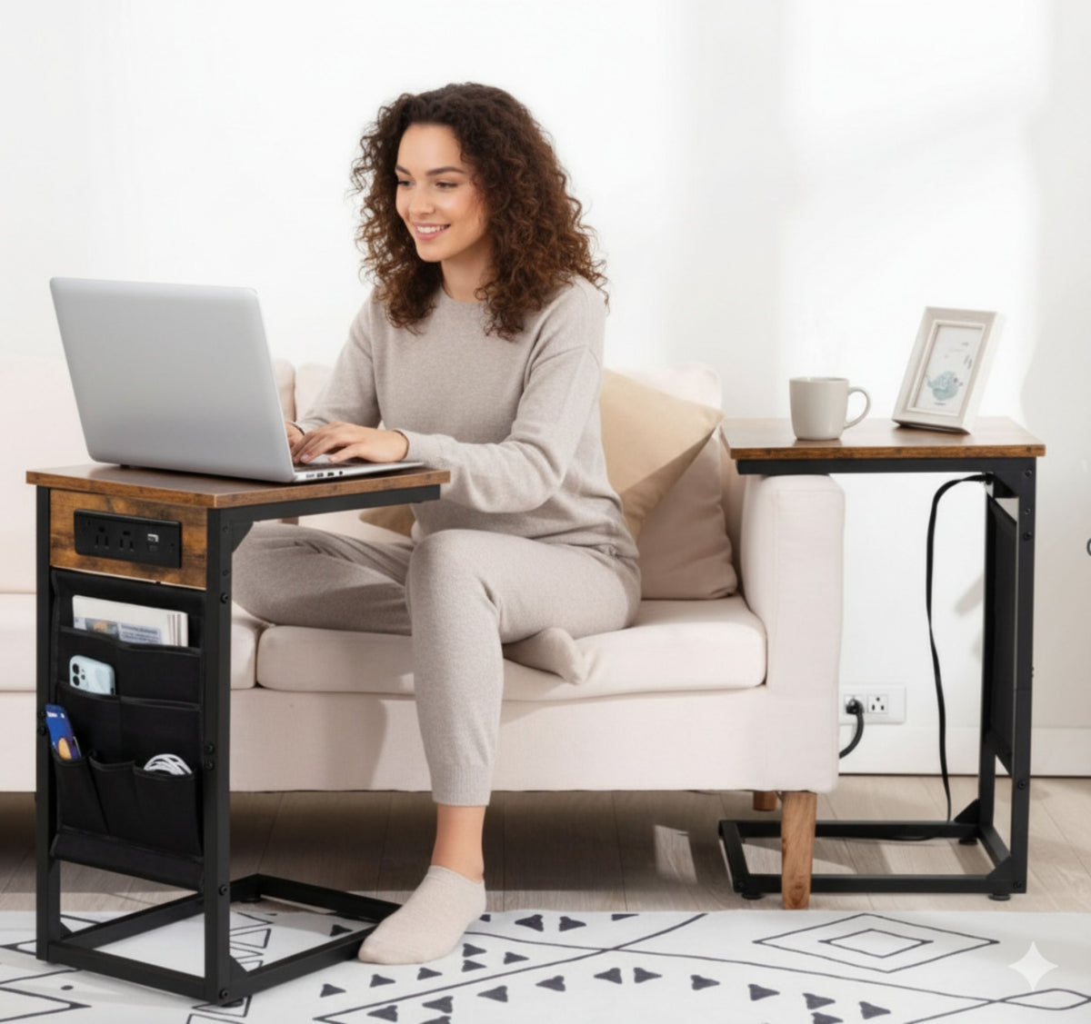 Set of 2 C-shaped end tables with outlets and USB ports in a room setting