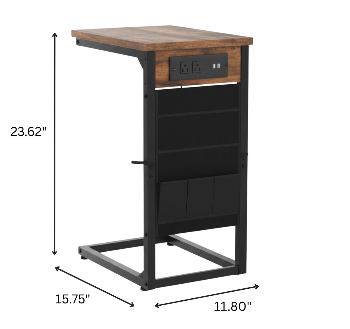 Set of 2 C-shaped end tables with outlets and USB ports, dimensions
