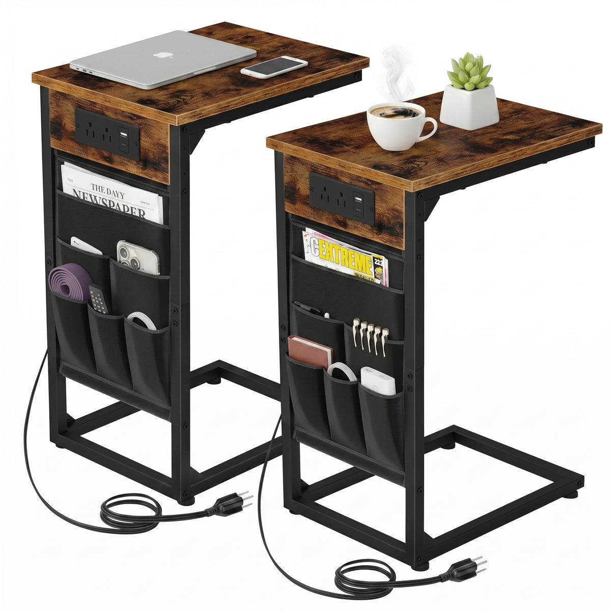 Set of 2 C-shaped end tables with outlets and USB ports