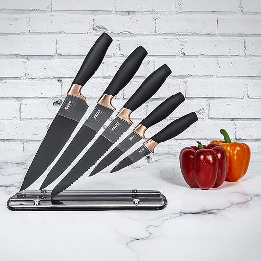 6 Pcs Kitchen Knife Set with Acrylic Block - Super-Sharp Steel Knives with Non-Stick Coating - Chef, Bread, Carving, Utility, Paring Knives - Stylish Cooking Tools with Black, Rose Gold Handle