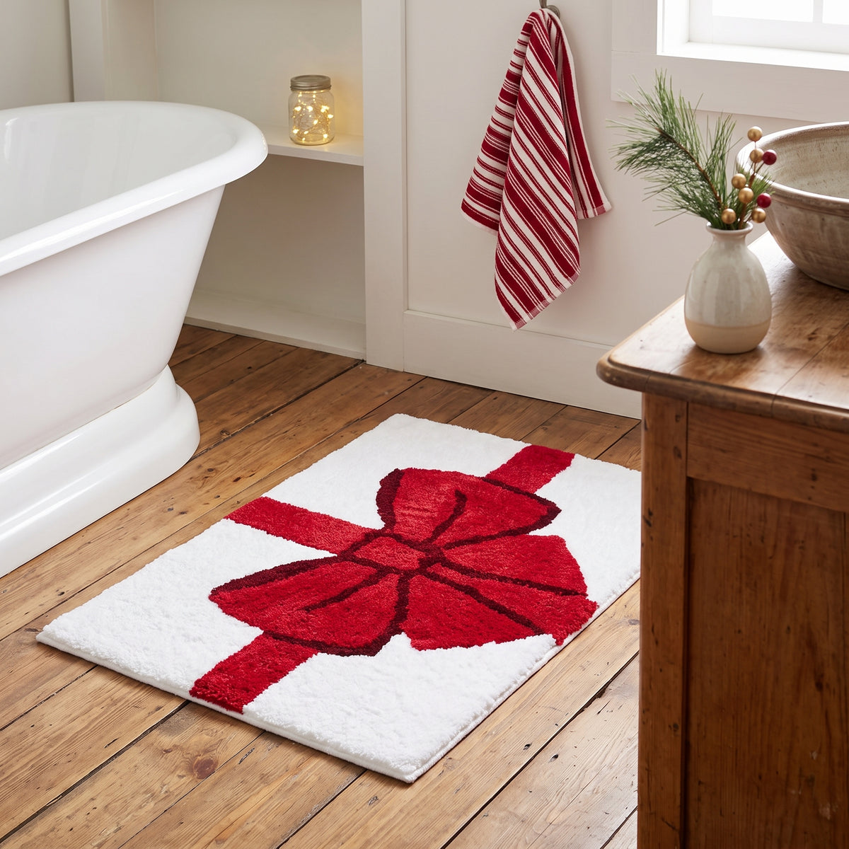 Tapis de bain de Noël cadeau à boucle rouge