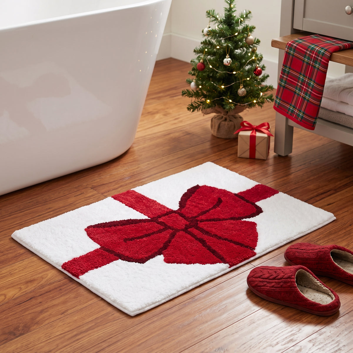 Tapis de bain de Noël cadeau à boucle rouge