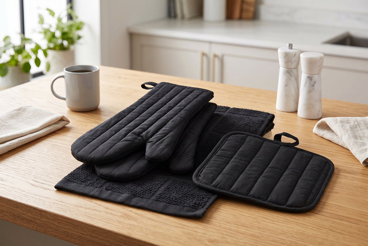 Ensemble de cuisine 4 pièces en coton noir : 2 mitaines de four, poignée et linge à vaisselle