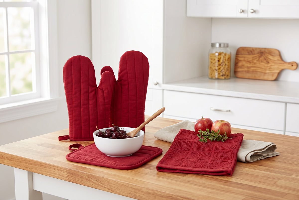 Ensemble de cuisine 4 pièces en coton rouge : 2 mitaines de four, poignée et linge à vaisselle