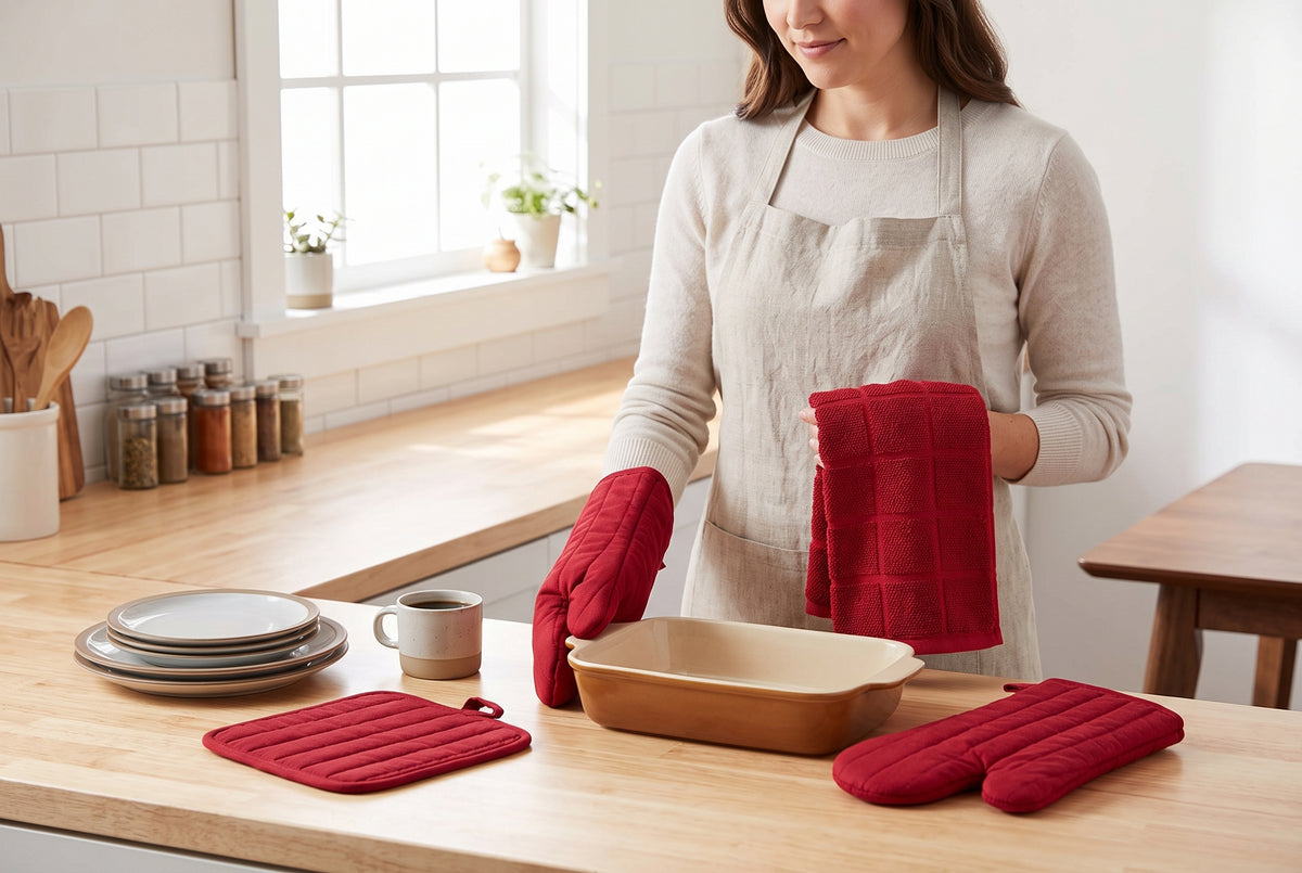 Mitaines de four et poignée en coton rouge, en situation dans une cuisine – vue 2