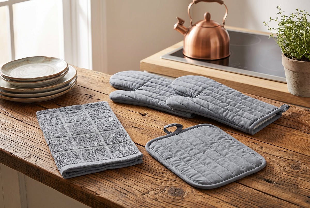 Ensemble de cuisine 4 pièces en coton gris : 2 mitaines de four, poignée et linge à vaisselle