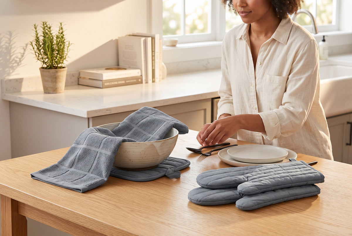 Mitaines de four et poignée en coton gris, en situation dans une cuisine – vue 2