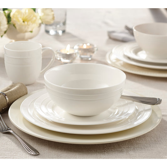 Dinnerware Set, 32-Piece, Bone China, Embossed Round Rim, White