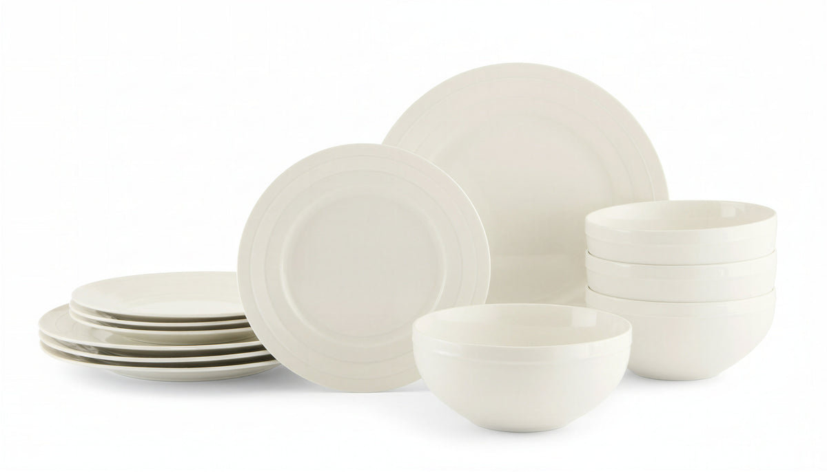 Ensemble de vaisselle, 32 pièces, porcelaine phosphatique (bone china), rebord rond en relief, blanc – vue 2