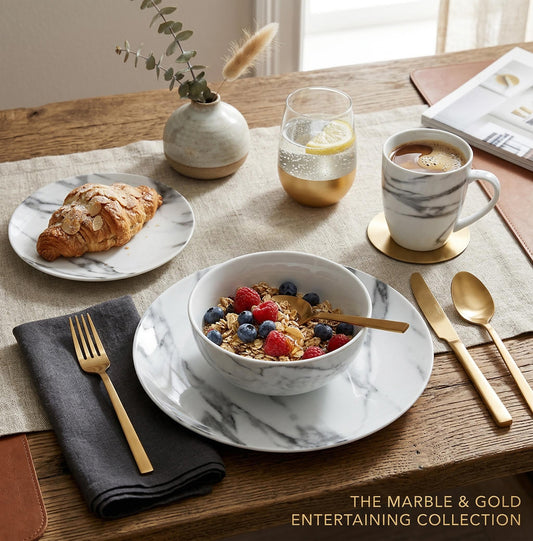 Dinnerware Set with Gold Flatware, Porcelain, 16-Piece Dinnerware, Grey Marble Look