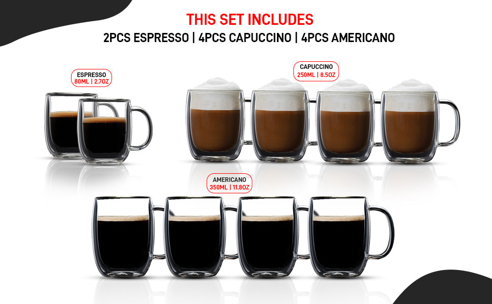 10Pcs Exclusive Coffee Combo Set Double Wall Mugs for Espresso, Cappuccino, Americano. Hot Or Cold Drink Beverages. Insulated Glass Cups Lighweight
