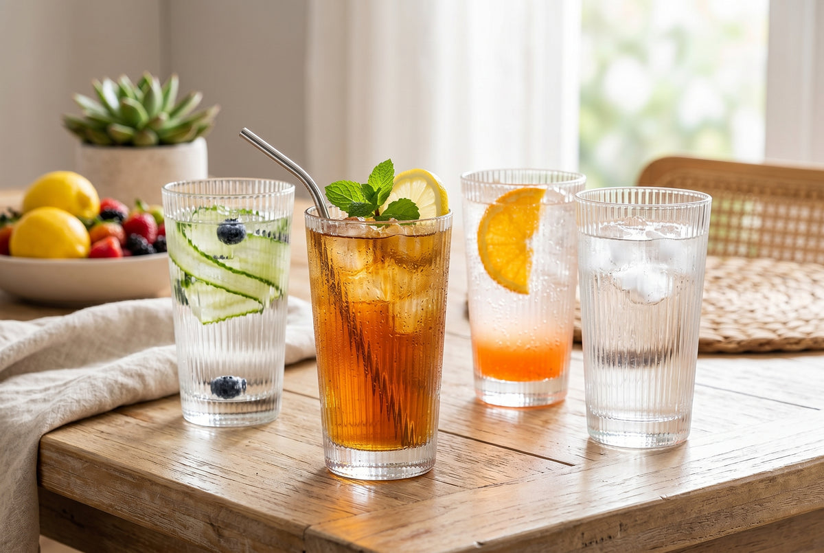 Ribbed Highball Glasses, Set of 4, 350 ml (11.8 oz) Tall Drinking Glasses, lifestyle